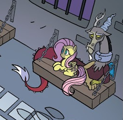 Size: 257x252 | Tagged: safe, idw, discord, fluttershy, draconequus, pegasus, pony, g4, spoiler:comic96, bars, collar, cropped, discord is not amused, duo, duo male and female, female, jail, lying down, male, prison, unamused