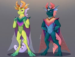 Size: 1440x1080 | Tagged: safe, artist:anoraknr, pharynx, thorax, changedling, changeling, anthro, digitigrade anthro, g4, brothers, changeling king, duo, duo male, gray background, king thorax, male, prince pharynx, siblings, simple background