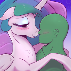 Size: 3000x3000 | Tagged: safe, artist:enonnnymous, princess celestia, oc, oc:anon, alicorn, human, pony, g4, bedroom eyes, blue eyeshadow, blushing, boop, chest fluff, cute, cutelestia, duo, ear blush, eyeshadow, female, floppy ears, fluffy, high res, hug, lipstick, looking at each other, looking at someone, love, makeup, male, nose wrinkle, noseboop, romantic, sharing breath, straight