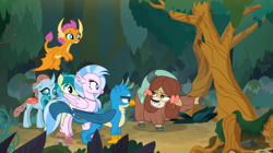 Size: 1600x898 | Tagged: safe, screencap, gallus, ocellus, sandbar, silverstream, smolder, yona, changedling, changeling, classical hippogriff, dragon, earth pony, griffon, hippogriff, pony, yak, g4, non-compete clause, cloven hooves, colored hooves, dragoness, female, forest, jewelry, male, mushroom, necklace, student six, tree