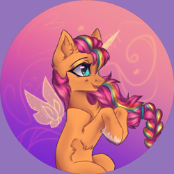 Size: 803x803 | Tagged: safe, artist:jsunlight, sunny starscout, alicorn, earth pony, pony, g5, my little pony: a new generation, abstract background, chest fluff, ear fluff, ethereal horn, ethereal wings, female, floating wings, mane stripe sunny, mare, open mouth, open smile, race swap, smiling, solo, sunnycorn, wings