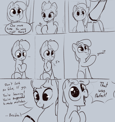Size: 1600x1700 | Tagged: safe, artist:storyteller, oc, oc only, oc:omelette, earth pony, pony, colt, comic, cute, dialogue, female, foal, grayscale, hoof polish, male, mare, monochrome, open mouth, open smile, sign language, sitting, sketch, smiling, speech bubble, starry eyes, wingding eyes