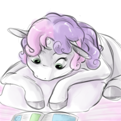 Size: 768x768 | Tagged: safe, artist:smirk, sweetie belle, pony, unicorn, g4, magazine, pillow, sketch, solo