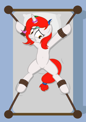 Size: 4227x5960 | Tagged: safe, artist:equestria secret guard, oc, oc:shallow light, pony, unicorn, armpits, bed, belly button, bondage, featureless crotch, female, gritted teeth, helpless, horn, horn ring, magic suppression, mare, ring, rope, solo, spread eagle, teeth, tied to bed