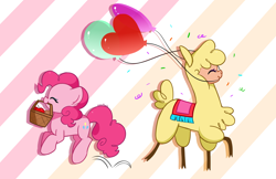 Size: 6464x4200 | Tagged: safe, artist:kittyrosie, paprika (tfh), pinkie pie, alpaca, earth pony, pony, them's fightin' herds, accessory swap, apple, balloon, cloven hooves, commission, community related, cute, diapinkes, duo, eyes closed, female, food, jumping, mare, mouth hold, paprikadorable, picnic blanket, shopping, streamers