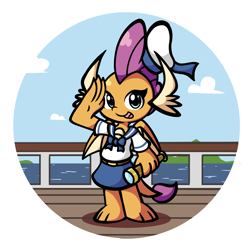 Size: 2520x2513 | Tagged: safe, artist:derp pone, smolder, dragon, chibi, clothes, cute, looking at you, ocean, sailor uniform, skirt, solo, standing, telescope, uniform, water