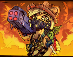 Size: 2400x1900 | Tagged: safe, artist:freak-side, applejack, earth pony, pony, g4, ammunition, cyberpunk, explosion, grenade, knife, mask, respirator, rocket launcher, solo