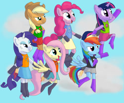 Size: 978x817 | Tagged: safe, artist:piliarquitect, applejack, fluttershy, pinkie pie, rainbow dash, rarity, twilight sparkle, earth pony, pegasus, unicorn, anthro, g4, applejack's hat, clothes, cowboy hat, grin, happy, hat, jetpack, mane six, skirt, sky, sky background, smiling, unicorn twilight