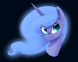 Size: 1575x1268 | Tagged: safe, artist:thebatfang, princess luna, alicorn, pony, g4, black background, bust, eye clipping through hair, female, freckles, head only, looking at you, mare, s1 luna, smiling, solo, space, space background, stars