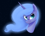 Size: 1575x1268 | Tagged: safe, artist:thebatfang, princess luna, alicorn, pony, black background, eye clipping through hair, female, freckles, head only, looking at you, mare, s1 luna, simple background, smiling, solo, space, stars