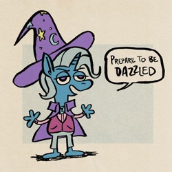 Size: 2000x2000 | Tagged: safe, artist:horsewizardart, trixie, unicorn, anthro, g4, cape, clothes, dialogue, female, hat, high res, lidded eyes, open mouth, open smile, pants, smiling, solo, speech bubble, trixie's cape, trixie's hat, vest
