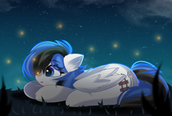 Size: 2767x1869 | Tagged: safe, artist:janelearts, oc, oc only, oc:kezzie, firefly (insect), insect, pegasus, pony, female, lying down, mare, night, prone, solo