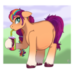 Size: 2710x2534 | Tagged: safe, artist:ponykittenboi, derpibooru exclusive, sunny starscout, earth pony, pony, g5, belly, belly blush, big belly, braid, drinking, female, floppy ears, freckles, hair tie, high res, holding, looking at you, mane stripe sunny, mare, multicolored hair, preggy starscout, pregnant, signature, simple background, smoothie, solo, straw, unshorn fetlocks, watermark