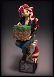 Size: 4000x5656 | Tagged: safe, artist:imafutureguitarhero, sunset shimmer, classical unicorn, unicorn, anthro, unguligrade anthro, art pack:fun n games 2022, g4, 3d, absurd resolution, border, cheek fluff, chromatic aberration, clothes, cloven hooves, colored eyebrows, colored eyelashes, crossover, denim, ear fluff, ear freckles, equestria girls outfit, female, film grain, floppy ears, fluffy, fluffy mane, fluffy tail, freckles, fur, grass, grass block, horn, jacket, jeans, leather, leather jacket, leonine tail, long hair, long mane, looking at you, mare, minecraft, multicolored hair, multicolored mane, multicolored tail, nose wrinkle, one ear down, paintover, pants, peppered bacon, piston, pun, revamped anthros, revamped ponies, signature, solo, source filmmaker, sunset shimmer is not amused, tail, touch grass, unamused, unshorn fetlocks, visual pun, wall of tags