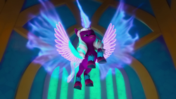 Size: 1920x1080 | Tagged: safe, screencap, opaline arcana, alicorn, pony, g5, have you seen this dragon?, my little pony: make your mark, my little pony: make your mark chapter 2, spoiler:g5, spoiler:my little pony: make your mark, spoiler:my little pony: make your mark chapter 2, spoiler:mymc02e08, female, fire, glowing, glowing wings, magic, mare, solo, spread wings, wings