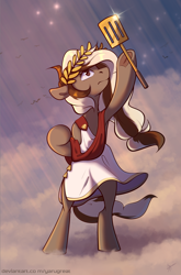 Size: 1548x2351 | Tagged: safe, artist:yarugreat, oc, oc only, earth pony, pony, bipedal, clothes, cloud, solo, spatula, standing on two hooves, toga