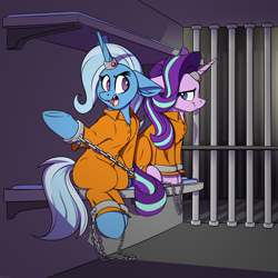 Size: 3840x3840 | Tagged: safe, artist:notetaker, derpibooru exclusive, starlight glimmer, trixie, pony, unicorn, g4, clothes, commissioner:rainbowdash69, cuffed, cuffs, frustrated, high res, horn, horn ring, jail, jail cell, jumpsuit, magic suppression, never doubt rainbowdash69's involvement, open mouth, prison, prison outfit, prisoner sg, prisoner tx, ring, shackles, sitting