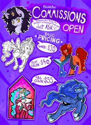 Size: 2500x3461 | Tagged: safe, artist:facadeart, princess celestia, princess luna, alicorn, changeling, changeling queen, earth pony, pony, unicorn, g4, advertisement, clothes, commission info, ethereal mane, female, high res, horn, horn ring, information, jewelry, ring, scarf, starry mane, tiara