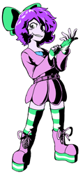 Size: 1615x3388 | Tagged: safe, artist:doodlegamertj, oc, oc only, oc:mable syrup, human, equestria girls, g4, boots, bow, clothes, deaf, dress, gray eyes, hair bow, joker, persona, persona 5, platform boots, purple hair, shoes, simple background, socks, solo, standing, striped socks, transparent background