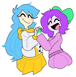 Size: 2147x2180 | Tagged: safe, artist:doodlegamertj, oc, oc only, oc:mable syrup, oc:musicallie, human, equestria girls, g4, blue hair, bow, clothes, deaf, dress, female, hair bow, happy, high res, hoodie, lesbian, music notes, pride, purple hair, simple background, skirt, smiling, sticker, transparent background