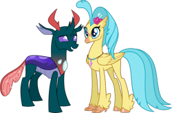 Size: 3102x2048 | Tagged: safe, artist:cloudy glow, artist:walrusinc, edit, gameloft, vector edit, pharynx, princess skystar, changedling, changeling, classical hippogriff, hippogriff, g4, my little pony: magic princess, my little pony: the movie, to change a changeling, .ai available, crack shipping, female, high res, interspecies, jewelry, male, necklace, prince pharynx, shipping, simple background, skynx, straight, transparent background, vector