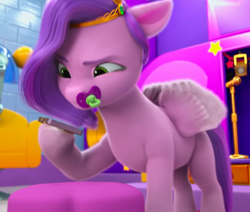 Size: 1188x1008 | Tagged: safe, screencap, pipp petals, pegasus, pony, ali-conned, g5, my little pony: make your mark, my little pony: make your mark chapter 2, spoiler:g5, spoiler:my little pony: make your mark chapter 2, spoiler:mymc02e04, diadem, female, jewelry, mane melody (location), mare, microphone, microphone stand, pacifier, phone, solo, tiara
