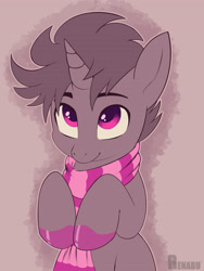 Size: 2700x3600 | Tagged: safe, artist:renabu, oc, oc only, oc:2tense, pony, unicorn, clothes, high res, hoof polish, looking at you, looking up, looking up at you, scarf, signature, solo, striped scarf