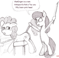 Size: 313x310 | Tagged: safe, artist:rusticanon, octavia melody, pinkie pie, earth pony, pony, g4, abuse, angry, butt, crying, duo, female, mare, monochrome, musical instrument, organ, pinkiebuse, plot, punishment, simple background, spanking, speech bubble, standing on two hooves, tears of pain, text, traditional art, white background