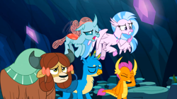 Size: 1600x897 | Tagged: safe, screencap, gallus, ocellus, silverstream, smolder, yona, changedling, changeling, classical hippogriff, dragon, griffon, hippogriff, yak, g4, uprooted, bow, colored hooves, dragoness, eyes closed, facepalm, female, flying, hair bow, jewelry, male, monkey swings, necklace