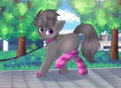 Size: 1449x1049 | Tagged: safe, artist:arllistar, oc, oc only, oc:2tense, pony, unicorn, :p, blank flank, blushing, clothes, collar, grass, hoof polish, leash, looking at you, male, outdoors, pet play, pony pet, socks, solo, striped socks, thigh highs, tongue out, tree