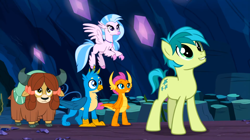 Size: 1600x898 | Tagged: safe, screencap, gallus, sandbar, silverstream, smolder, yona, classical hippogriff, dragon, earth pony, griffon, hippogriff, pony, yak, g4, uprooted, bow, cloven hooves, colored hooves, cute, dragoness, female, hair bow, jewelry, looking up, male, monkey swings, necklace, sandabetes