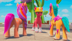 Size: 686x389 | Tagged: safe, screencap, hitch trailblazer, sprout cloverleaf, sunny starscout, earth pony, pony, g5, growing pains, my little pony: make your mark, my little pony: make your mark chapter 2, spoiler:my little pony: make your mark chapter 2, spoiler:mymc02e02, animated, butt, clothes, female, hard hat, hat, hitchbutt, i watch it for the ears, male, mane stripe sunny, mare, plot, stallion, sunny starbutt, trio
