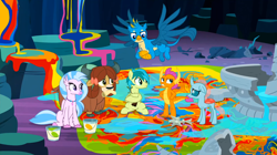 Size: 1600x898 | Tagged: safe, screencap, gallus, ocellus, sandbar, silverstream, smolder, yona, changedling, changeling, classical hippogriff, dragon, earth pony, griffon, hippogriff, pony, yak, g4, uprooted, bow, cloven hooves, colored hooves, dragoness, female, hair bow, hand on hip, jewelry, male, monkey swings, mouth hold, necklace, paint, sapling, student six