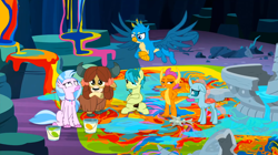 Size: 1600x898 | Tagged: safe, screencap, gallus, ocellus, sandbar, silverstream, smolder, yona, changedling, changeling, classical hippogriff, dragon, earth pony, griffon, hippogriff, pony, yak, g4, uprooted, bow, cloven hooves, colored hooves, crossed arms, dragoness, female, frown, hair bow, hand on hip, looking up, male, monkey swings, mouth hold, sapling, student six
