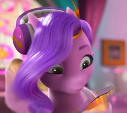 Size: 842x748 | Tagged: safe, screencap, pipp petals, pegasus, pony, g5, izzy does it, my little pony: make your mark, my little pony: make your mark chapter 2, spoiler:g5, cropped, female, headphones, mare, phone, solo