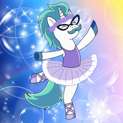 Size: 2000x2000 | Tagged: safe, artist:fabiounicorn, oc, oc only, oc:fabio, pony, unicorn, ballerina, ballet, ballet slippers, clothes, crossdressing, eyes closed, facial hair, floral head wreath, flower, glasses, high res, male, moustache, stallion, standing, standing on one leg, tutu