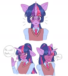 Size: 1700x1900 | Tagged: safe, artist:exxi00, twilight sparkle, anthro, g4, blushing, cardigan, clothes, embarrassed, floppy ears, necktie, ponytail, school uniform, simple background, solo, white background