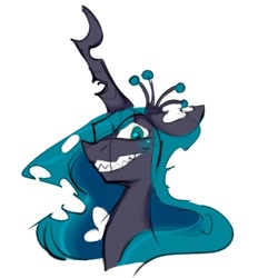 Size: 522x562 | Tagged: safe, artist:nitaru, queen chrysalis, changeling, changeling queen, crown, evil grin, female, grin, horn, jewelry, looking at you, smiling, solo
