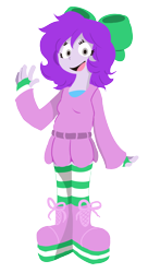 Size: 1280x2356 | Tagged: safe, artist:doodlegamertj, oc, oc only, oc:mable syrup, human, equestria girls, g4, boots, bow, clothes, deaf, dress, gray eyes, gregory horror show, hair bow, happy, platform boots, purple hair, shoes, simple background, socks, solo, striped socks, transparent background, waving