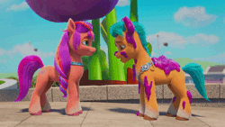 Size: 400x225 | Tagged: safe, screencap, hitch trailblazer, sunny starscout, earth pony, pony, g5, growing pains, my little pony: make your mark, my little pony: make your mark chapter 2, spoiler:my little pony: make your mark chapter 2, spoiler:mymc02e02, animated, duo, female, gif, licking, male, mane stripe sunny, mare, shipping fuel, stallion, tongue out