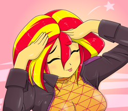 Size: 1480x1280 | Tagged: safe, artist:batipin, sunset shimmer, human, equestria girls, equestria girls series, g4, sunset's backstage pass!, spoiler:eqg series (season 2), :p, ah eto bleh, anime, anime reference, breasts, busty sunset shimmer, cleavage, clothes, cute, eyes closed, female, jacket, leather, leather jacket, music festival outfit, shimmerbetes, shirt, silly, solo, tongue out, you're under arrest