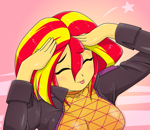Size: 1480x1280 | Tagged: safe, artist:batipin, sunset shimmer, equestria girls, :p, anime, anime reference, breasts, busty sunset shimmer, cute, eyes closed, shimmerbetes, silly, tongue out, you're under arrest