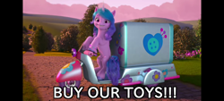 Size: 1600x720 | Tagged: safe, edit, edited screencap, screencap, izzy moonbow, pony, unicorn, g5, izzy does it, my little pony: make your mark, my little pony: make your mark chapter 2, spoiler:g5, buy our toys, vehicle