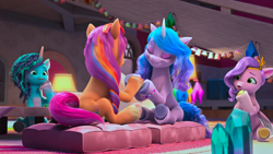 Size: 1601x900 | Tagged: safe, screencap, izzy moonbow, misty brightdawn, pipp petals, sunny starscout, earth pony, pegasus, pony, unicorn, g5, my little pony: make your mark, my little pony: make your mark chapter 2, the traditional unicorn sleep-over, spoiler:g5, back of head, crystal brighthouse, female, mane stripe sunny, mare, shipping fuel