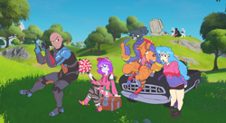 Size: 7172x3891 | Tagged: safe, artist:doodlegamertj, oc, oc:doodlegamertj, oc:mable syrup, oc:musicallie, avian, bird, human, pigeon, anthro, equestria girls, g4, beef boss, blue hair, brown eyes, candy, chest, clothes, costume, darth vader, deaf, durr burger, dwayne johnson, food, fortnite, grass, gray eyes, griddy, hair tie, iris, lightsaber, long hair, purple hair, raised eyebrow, sky, smug, spaceship, star wars, stormtrooper, teaching, the foundation, the rock, tree, truck, weapon, zoey