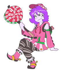 Size: 386x457 | Tagged: safe, artist:doodlegamertj, oc, oc only, oc:mable syrup, human, equestria girls, g4, candy, deaf, food, fortnite, gray eyes, purple hair, shoulderless, simple background, sitting, smug, solo, transparent background, zoey
