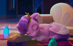 Size: 996x631 | Tagged: safe, screencap, pipp petals, pegasus, pony, g5, my little pony: make your mark, my little pony: make your mark chapter 2, the traditional unicorn sleep-over, spoiler:g5, adorapipp, cropped, crystal brighthouse, cute, female, headband, jewelry, mare, regalia, sleeping, sleeping bag, solo