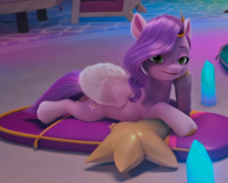 Size: 544x437 | Tagged: safe, screencap, pipp petals, pegasus, pony, g5, my little pony: make your mark, my little pony: make your mark chapter 2, the traditional unicorn sleep-over, spoiler:g5, spoiler:my little pony: make your mark chapter 2, spoiler:mymc02e06, cropped, draw me like one of your french girls, female, lying down, mare, sleeping bag, solo