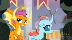 Size: 1600x898 | Tagged: safe, screencap, ocellus, smolder, changedling, changeling, dragon, a matter of principals, g4, dragoness, duo, female, looking at you, raised eyebrow, smolder is not amused, unamused