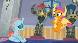 Size: 1600x897 | Tagged: safe, screencap, ocellus, smolder, changedling, changeling, dragon, a matter of principals, g4, dragoness, duo, female, helm of yickslur, helmet, raised eyebrow